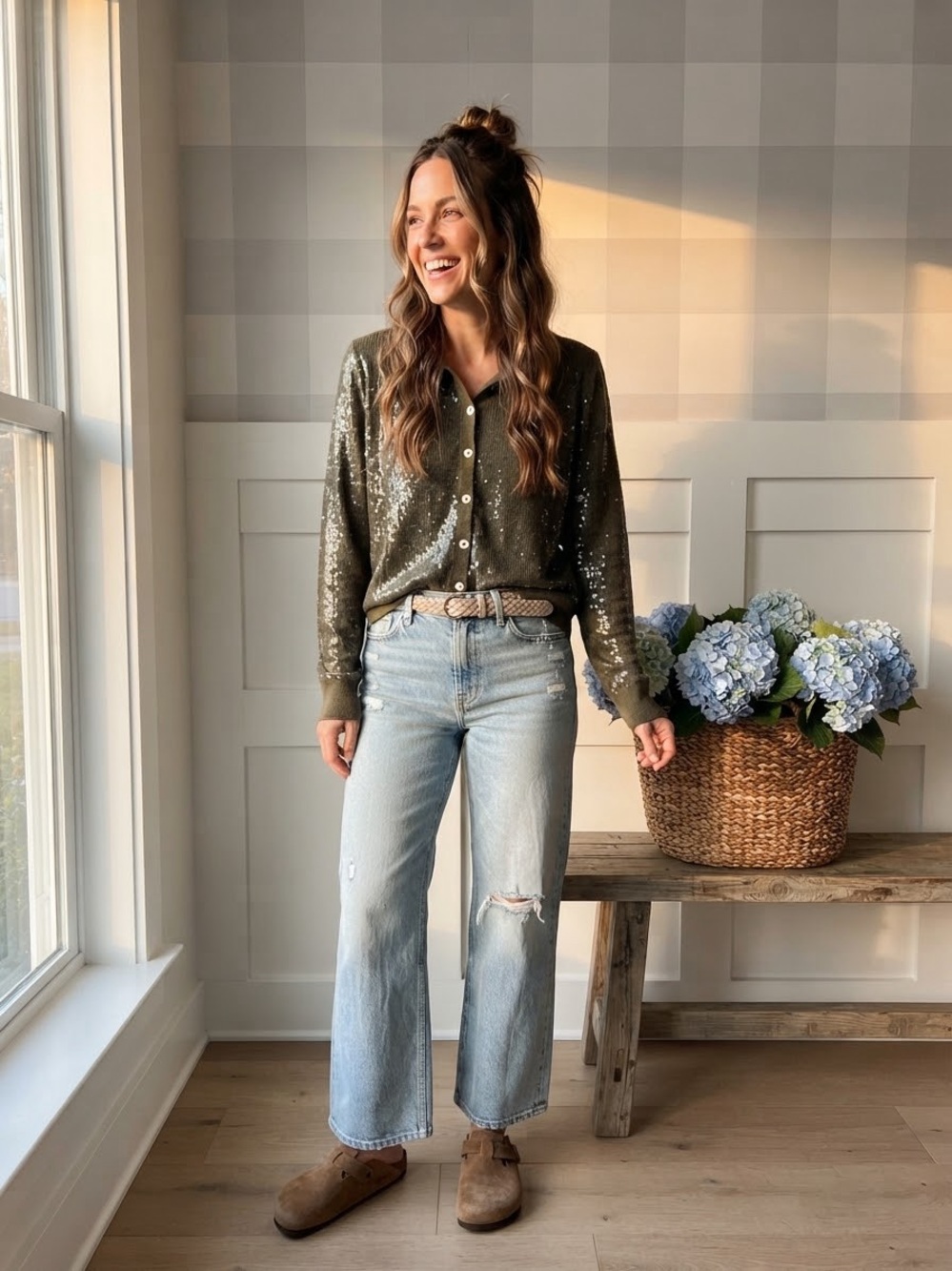Zara Olive Sequin Button-Front Cardigan Large
